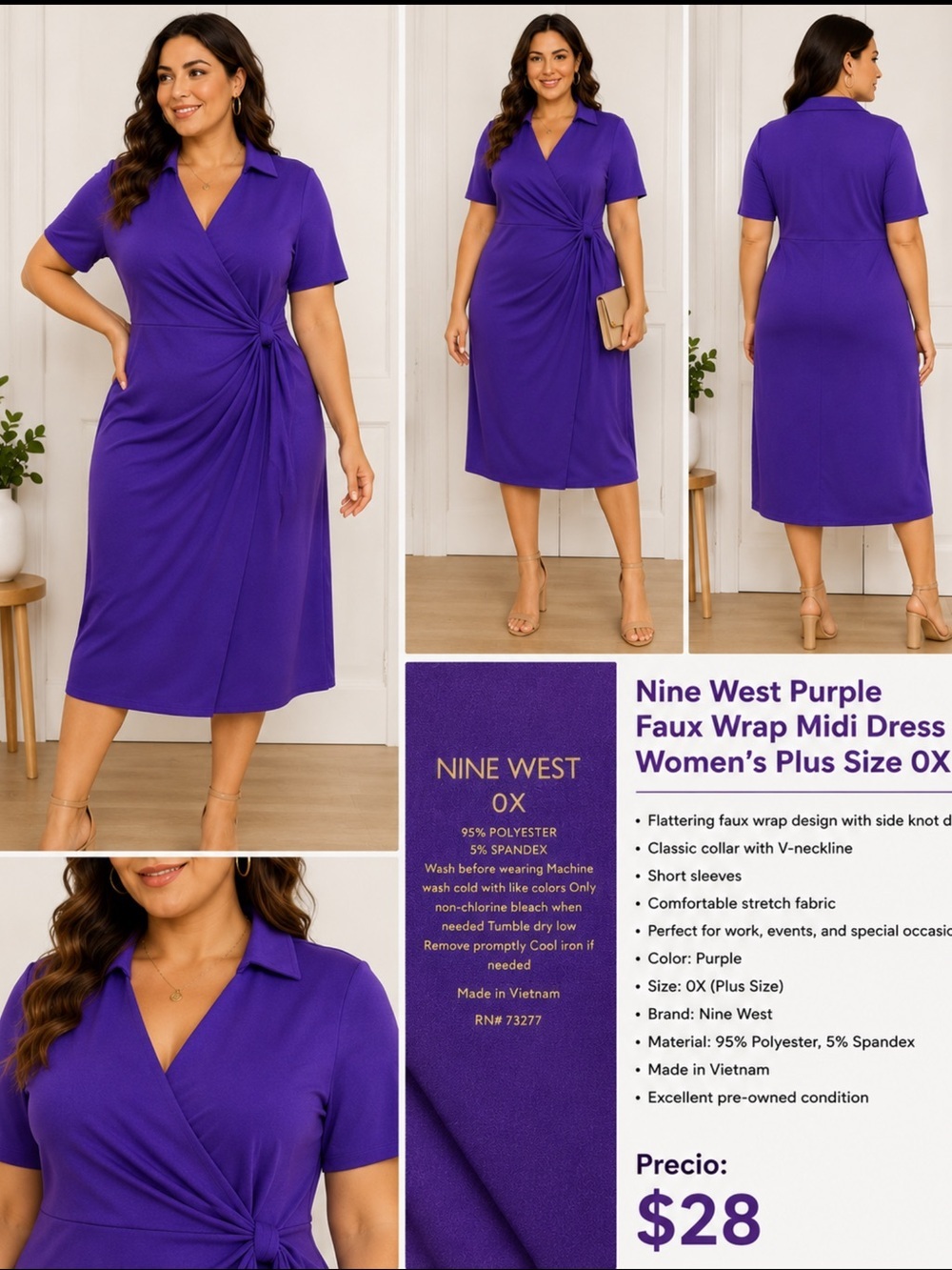 Nine West Purple Faux Wrap Midi Dress Women’s Plus Size 0X